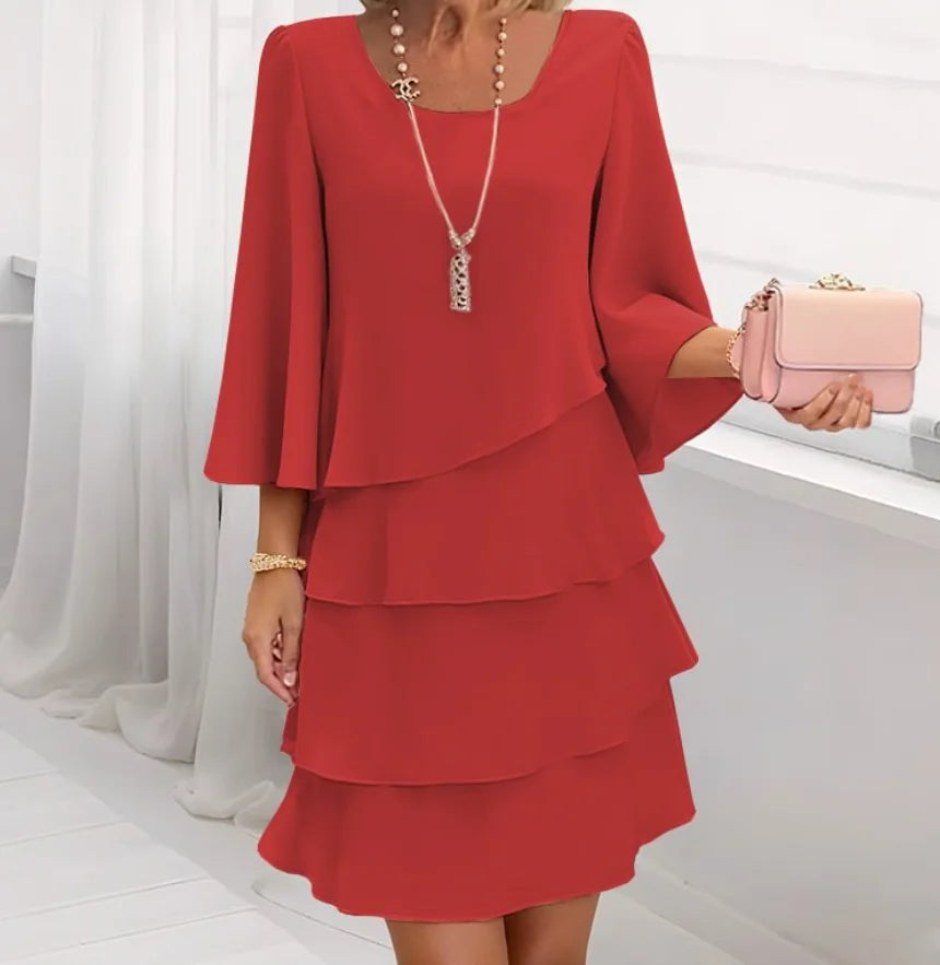 Womens Dresses 2025 Spring New Solid Color Round Neck Long Sleeve Casual Loose Fit Daily Mini Layering Cake Dress