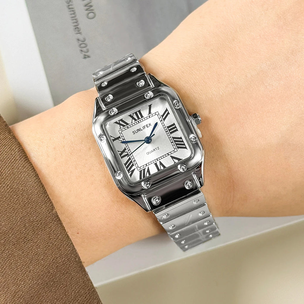 SUNLIFEX New Fashion Square Watch Women Quartz Wristwatch Stainless Steel Strip Female Roman Scale Watches Clock Gift Relogio