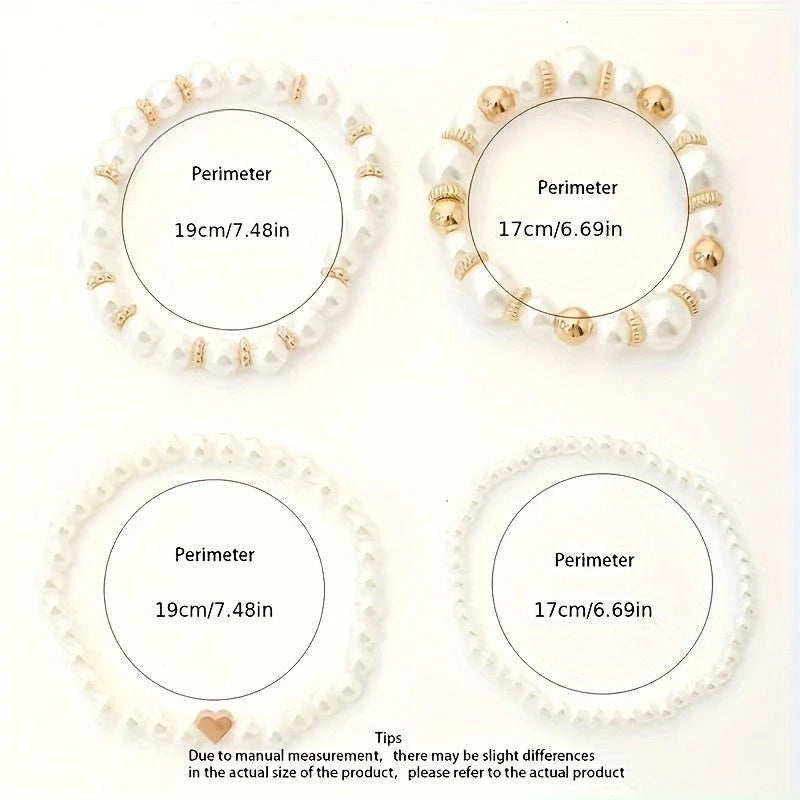 4Pcs Trendy Pearl Love Beaded Bracelet Set For Women Beads Adjustable Elastic Chain Bangle Female Luxury Party Jewelry Gift