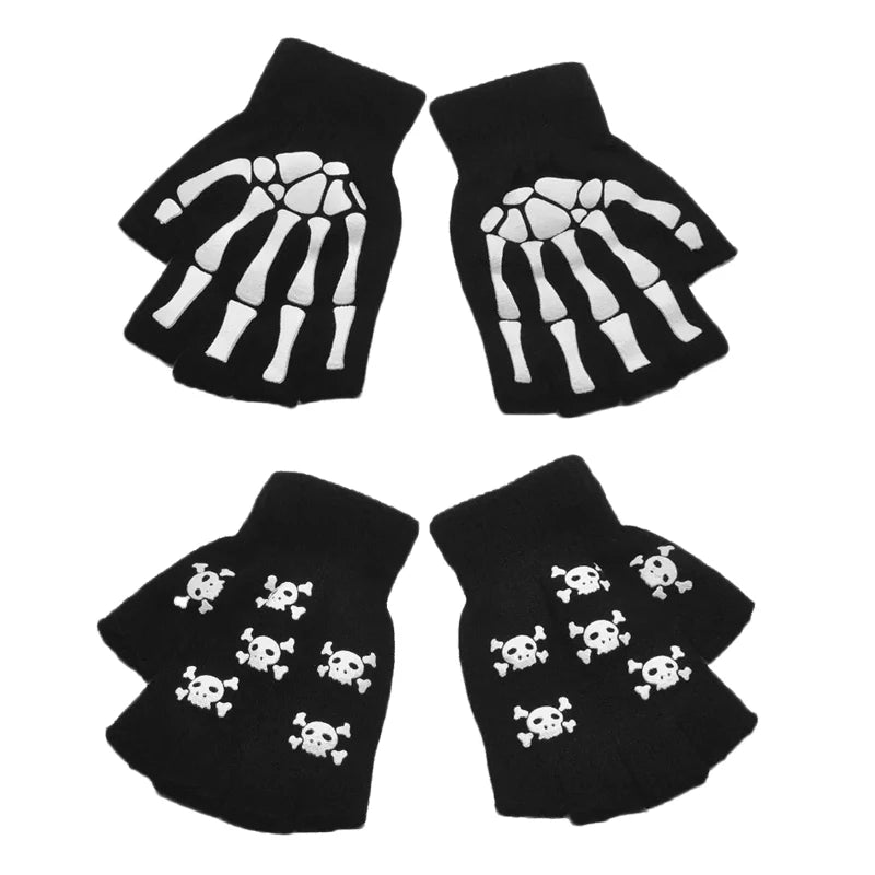 New Punk Gloves Unisex Halloween Skeleton Skull Half Finger Gloves Glow In The Dark Fingerless Stretch Knitted Winter Mittens