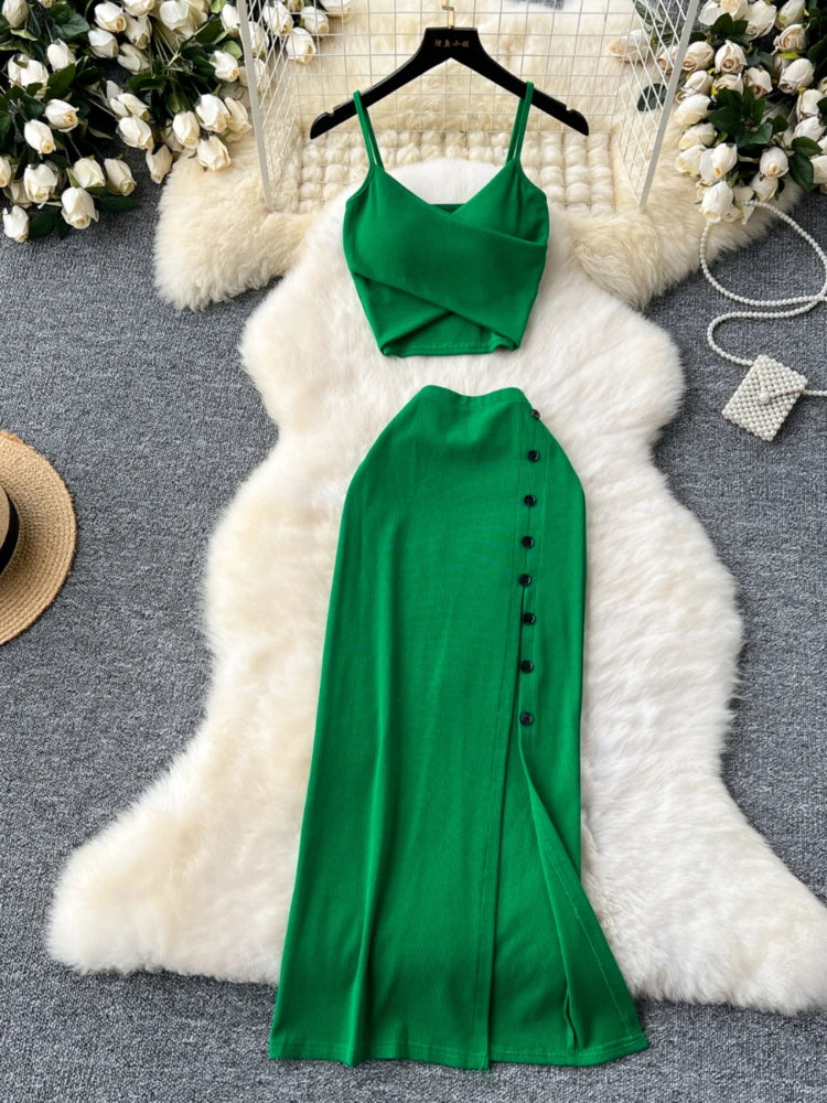 Foamlina Summer Sexy 2 Pieces Set for Women Solid V Neck Sleeveless Crop Camis Top and High Elastic Waist Split Long Skirt Suits