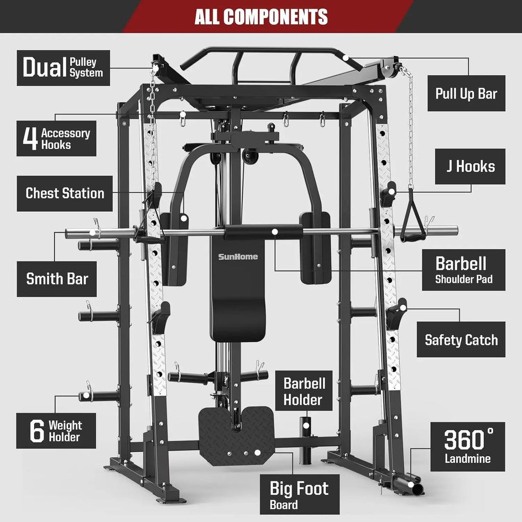 Smith Machine, Power Cage Squat Rack with Smith Bar, LAT Pull-Down Systems, Cable Crossover Machine and Cable, Customized
