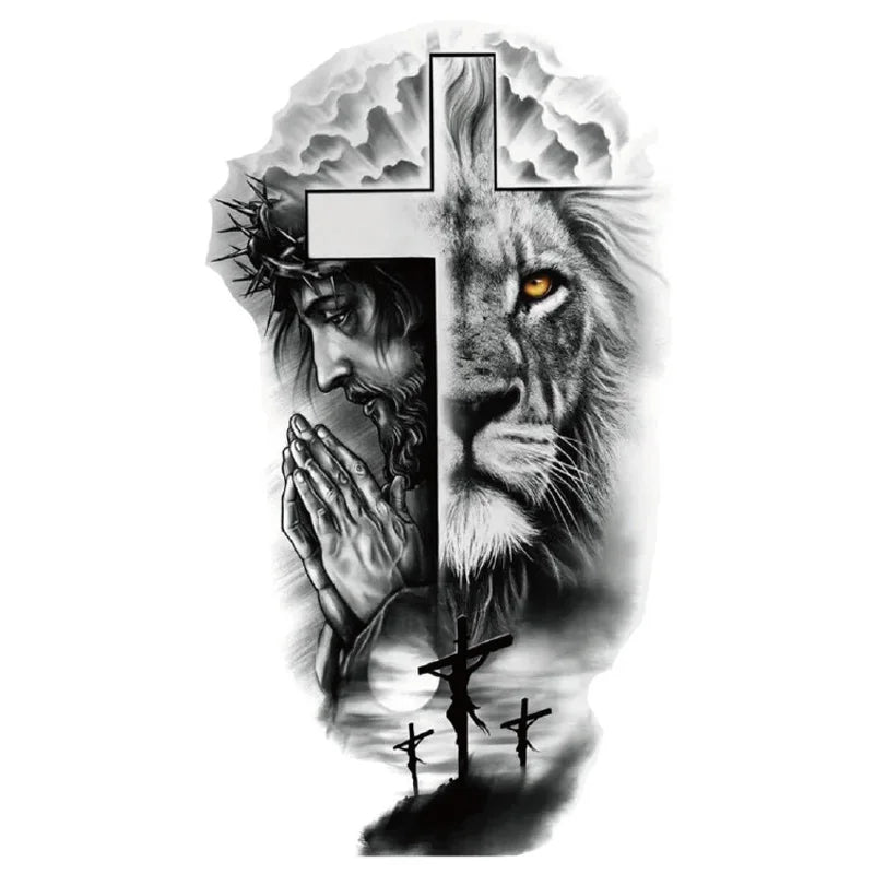 Waterproof Temporary Tattoo Sticker Forest Big Tiger Lion Wolf King Body Arm Hand Cool Art Black Animal Men Women Fake Tattoos