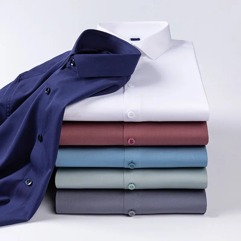 Spring Autumn Men Long Sleeve Shirts Business Casual Wrinkle Resistant Solid Color Formal Dress Slim Fit Work Social Shirt S-8XL