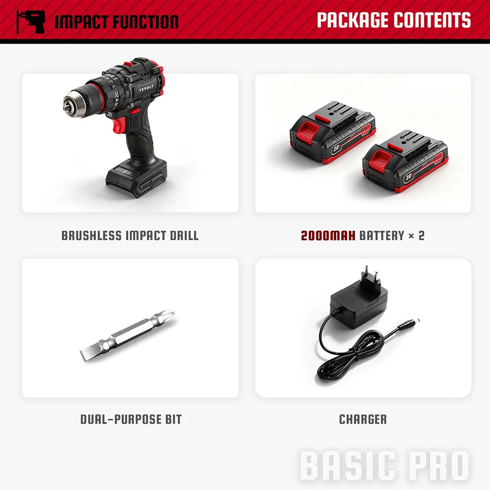 YEVOLT Electric Drill 20V Brushless Li-ion Compact Cordless 21+1 Driver Handheld Screwdriver Power Tools YVGBD20DU2 Series