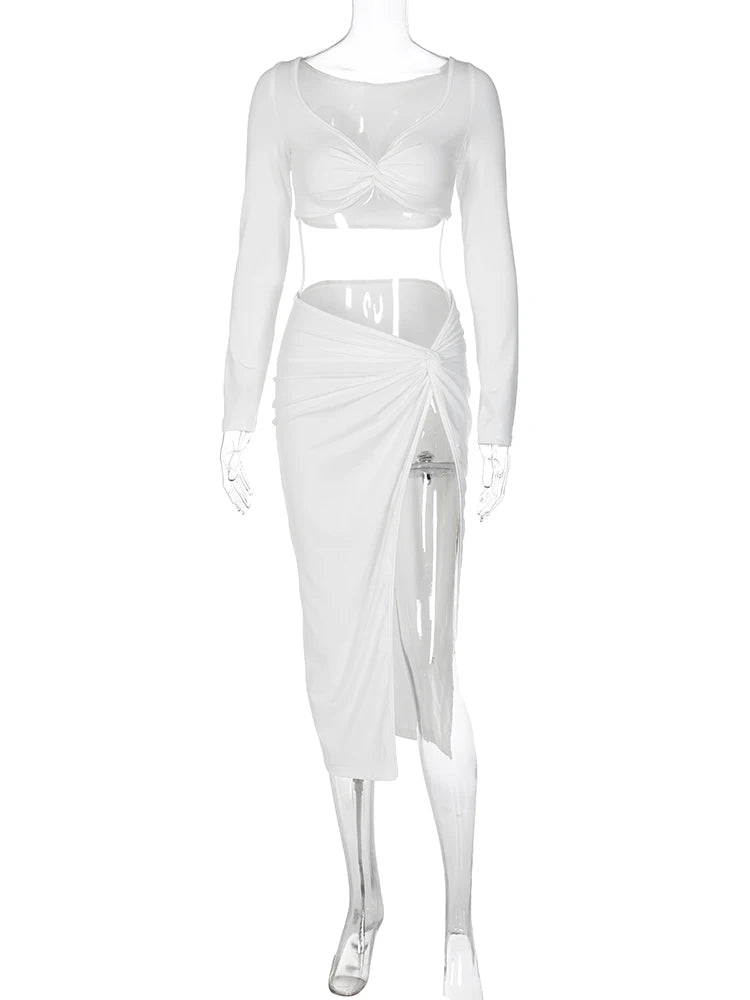 Hugcitar Elegant 2 Piece Sets Solid V Neck Long Sleeve Ruched Sexy Crop Top Slit Midi Skirt Winter Women Clothes Party Birthday