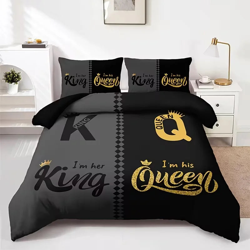 Dark Red And Black Three-Piece Bedding Set with Queen & King Size Featuring Printed English Letters on The Duvet Cover