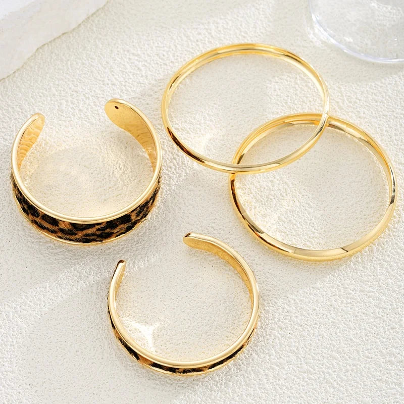 4pcs Vintage Leopard Print Smooth Furry Bracelets Set For Women Gold Color Multilayer  Chic Wristband Party Punk Jewelry Gifts