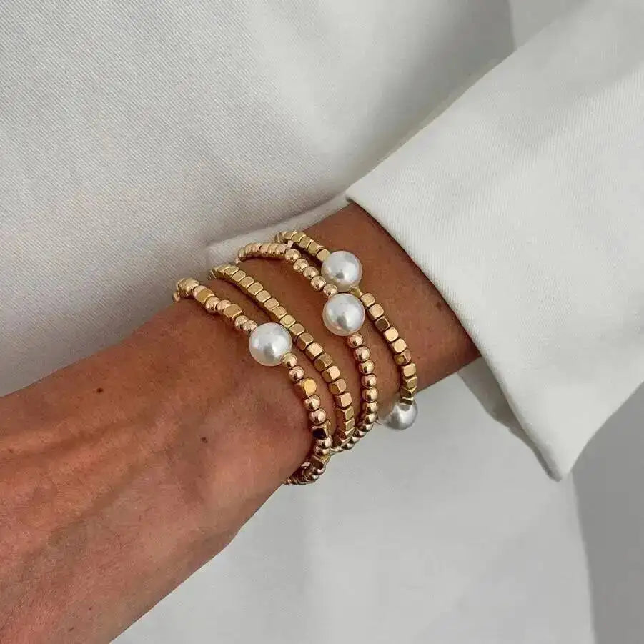 IngeSight.Z 4 Pcs/Set Bohemian Imitation Pearl CCB Beaded Bracelets Women Vintage Handmade Stretch Bangle Couple Trendy Jewelry