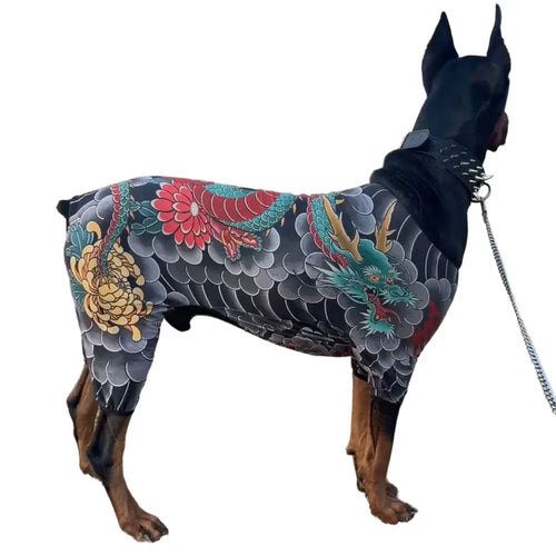 Cool Stylish Dog Tattoo Jumpsuit Flower Print 4?Legged Bodysuit Stretch Comfort Pet Clothes Full Body Cover Outfit For Dogs
