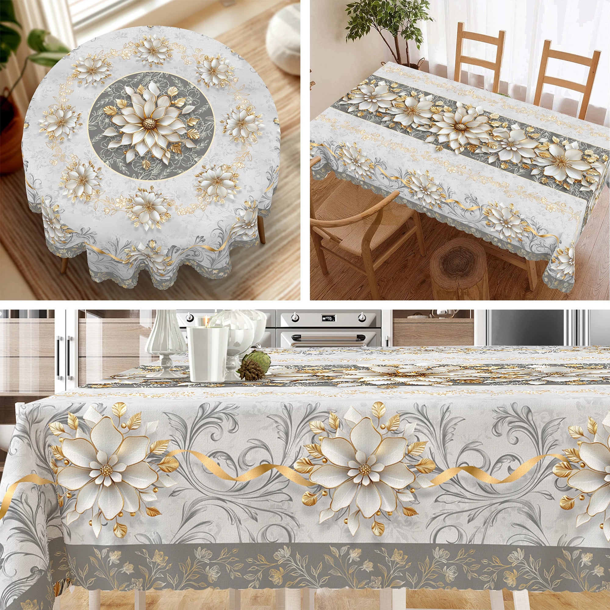 Elegant Floral-Themed Printed Tablecloth, High-Quality White and Gold Pattern, Embossed Edges, Durable, Waterproof, Oil-Proof, Stain-Resistant, Wrinkle-Resistant, Non-Fading, Machine Washable, Reusable, Perfect Gift for Famil