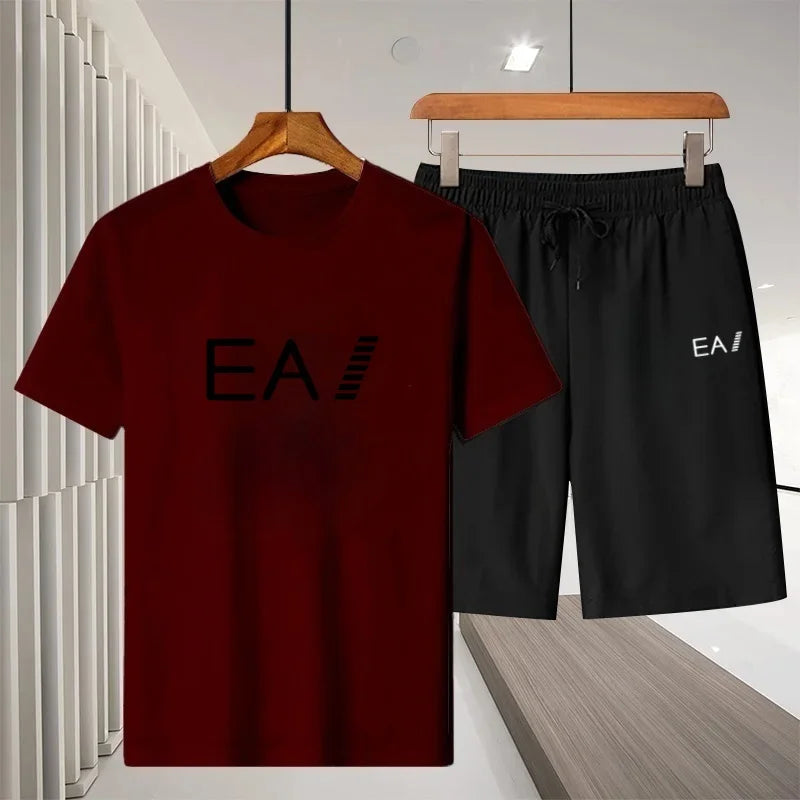 2026 Summer New Men Crew Neck Short Sleeve T-Shirt Sports Shorts 2 Piece Set Breathable Quick Dry Comfortable Casual Fitness