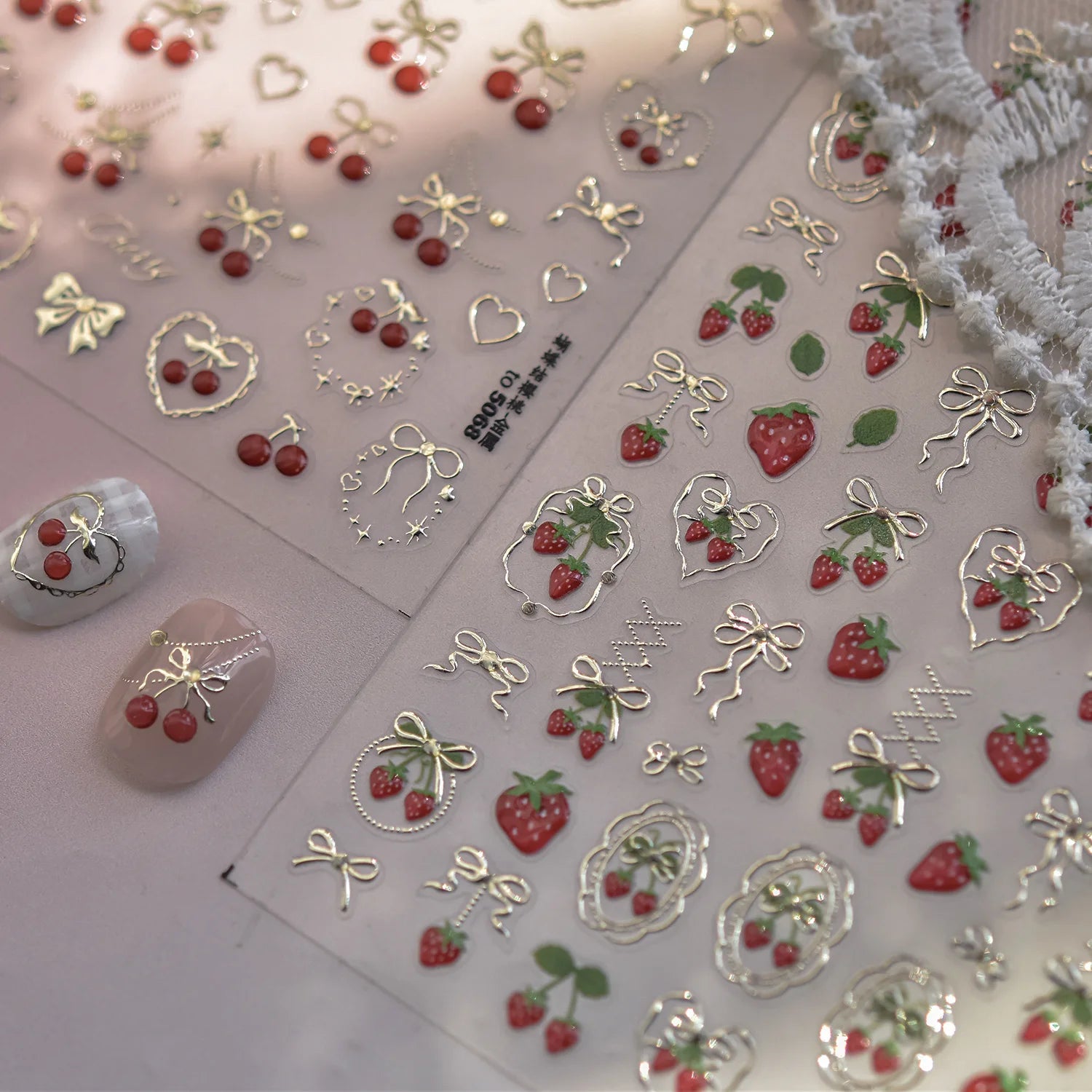Sweet Strawberry Bow Nail Art Stickers 5D Gold Silver Strawberry Cherry Metal Nail Stickers DIY Japanese Nails Decoration Decals