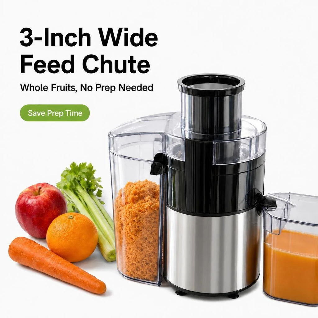 Centrifugal Juicer, 3 Inch Wide Chute 97% High Yield Juicer Machine 3 Inch LARGE FEED CHUTE: Supports Whole Fruit and Vegetable Direct Feeding Without Pre-Cutting, Cuts down Your Preparation Time Significantly. 97% HIGH JUICE