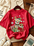 Merry Christmas Santa Claus T Shirts Women Cute Snowflakes Graphic Y2K Tees Pearl Printed Red Hat Sparkly Xmas Gift Tops