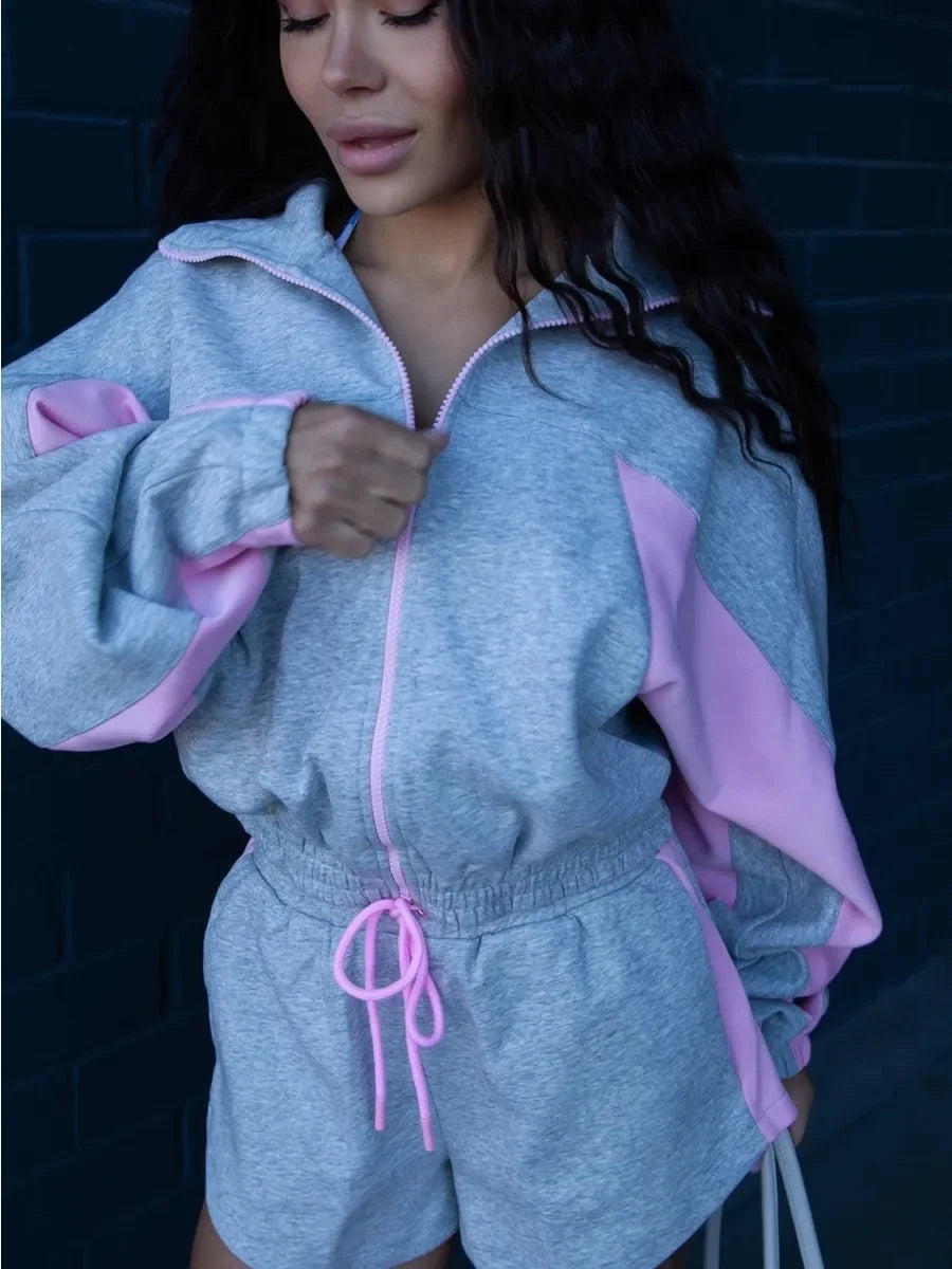 Women Nylon Panelled Lapel Long Sleeve Coats Shorts Sets  Street Zipper Ruched Loose Jacket Elastic Waist Shorts 2026 Chic Outfi