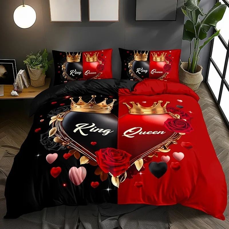 Dark Red And Black Three-Piece Bedding Set with Queen & King Size Featuring Printed English Letters on The Duvet Cover