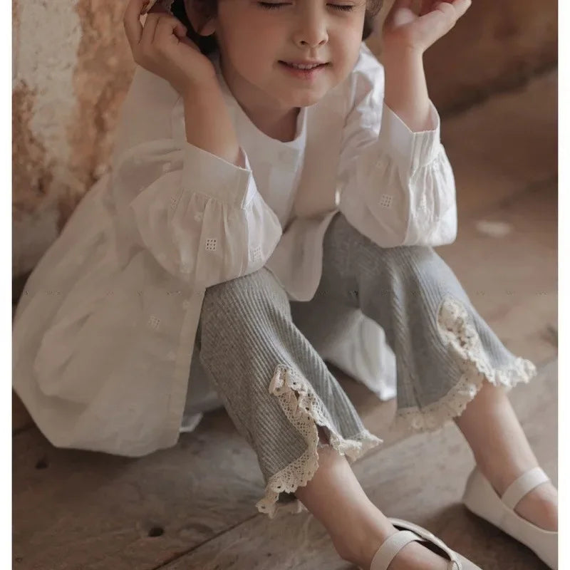 Little Girl's Flared Pants for Spring and Autumn New Fashionable Girls Clothing Korean Version Solid Color Lace Split Trousers