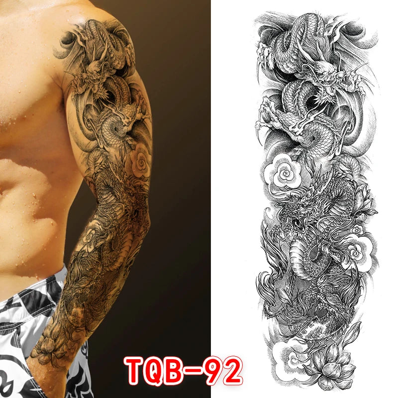 Large Arm Tattoo Sticker Full Sleeve Temporary Tattoos for Men Fish Wolf Tiger Tattoo Fake Tatoo for Women Waterproof Body Art