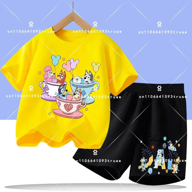 2026 summer T-shirt, 2-piece set Bluey children's 100% cotton short-sleeved set for boys - boys' sports shirt, girls' casual top