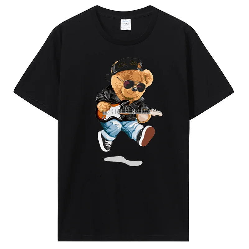 Teddy Bear Playing Badminton T-shirt Cotton Clothing Tops Graphics Kawaii Men Women Short Sleeve Print TShirt Tees