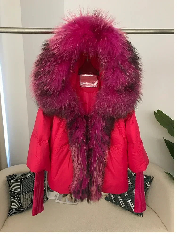 2024 Winter Puffer Jacket Women Real Fox Fur Collar Hooded Natural Thick Warm Loose Oversize Duck Down Coat Streetwear Outerwear