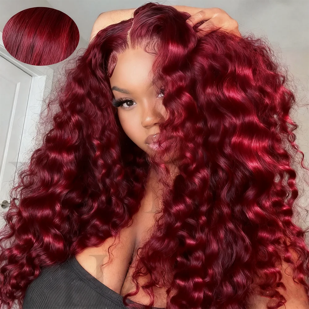 99j Burgundy Curly 13x6 Hd Lace Frontal Human Hair Wig Deep Wave Real Colored Brazilian Pre Plucked Wigs For Women 250 Density