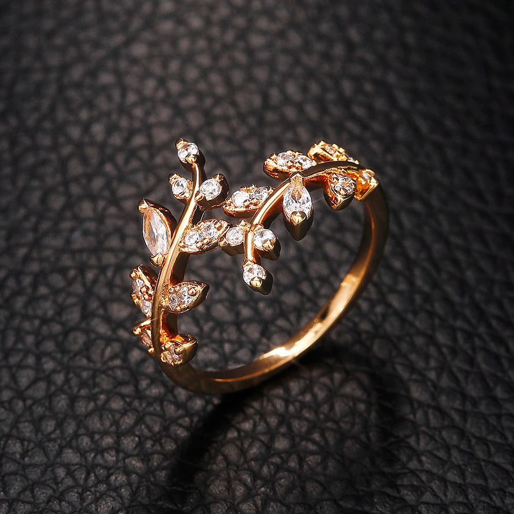 Huitan Fancy Leaf Design Adjustable Opening Rings for Women Sparkling Cubic Zirconia Olive Ring Party Daily Wear Fashion Jewelry
