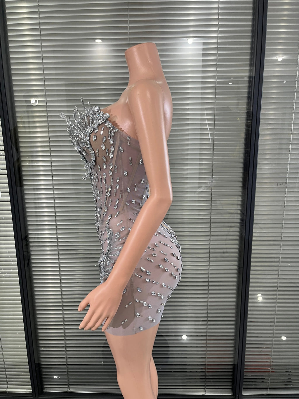 Luxury Deep V Neck and Sculptural Rhinestone Silver Crystal Mesh Mini Dress  Accents for Photoshoots and Red Carpet