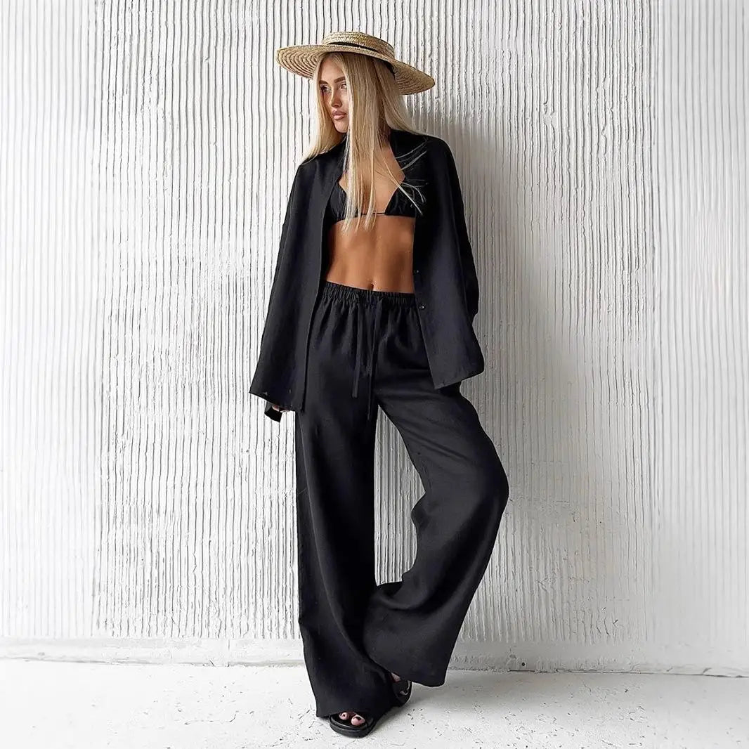 2026 Women Casual Solid Cotton Linen Pant Set Chic Laple Single Breasted Long Sleeve Shirt Elasticity Waist Pant New 2 Piece Set