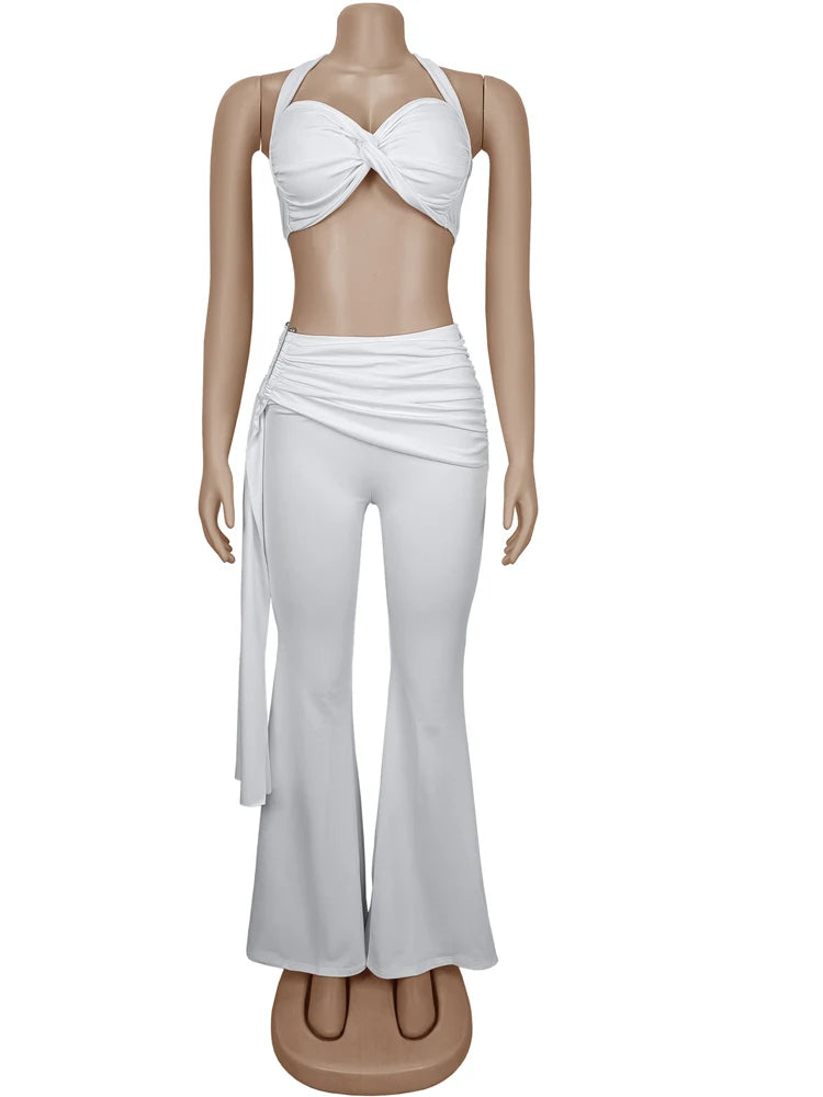 Beyprern New Chic Twist Front Crop Top And Long Straps Wide Legs Pants Set Womens Ruched Metal Tracksuits Set Night Out Overalls