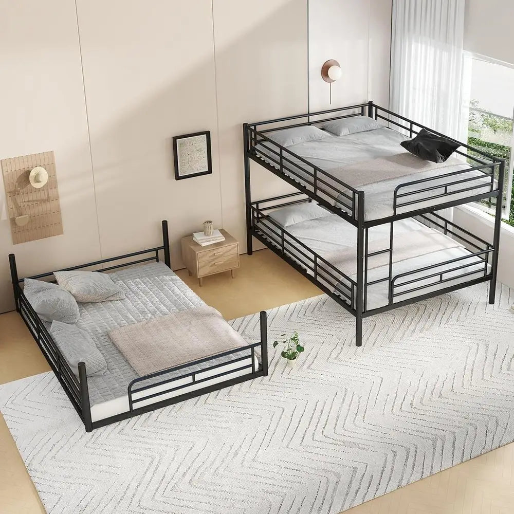 Triple Bunk Beds with Full-Length Guardrails, Queen Over Queen Over Queen, Noise-Reduced, Metal Frame in Black