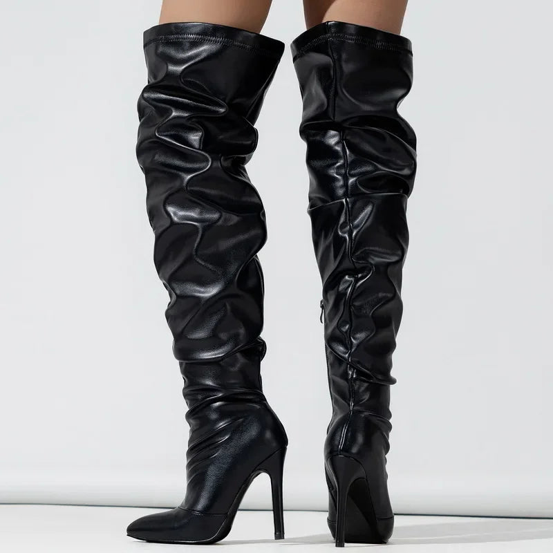 Women Side Zipper High Thin Heel Long Boots Spice Girl Pleated Over Knee High Boots for Outdoor Nightclub Pub Party Gathering