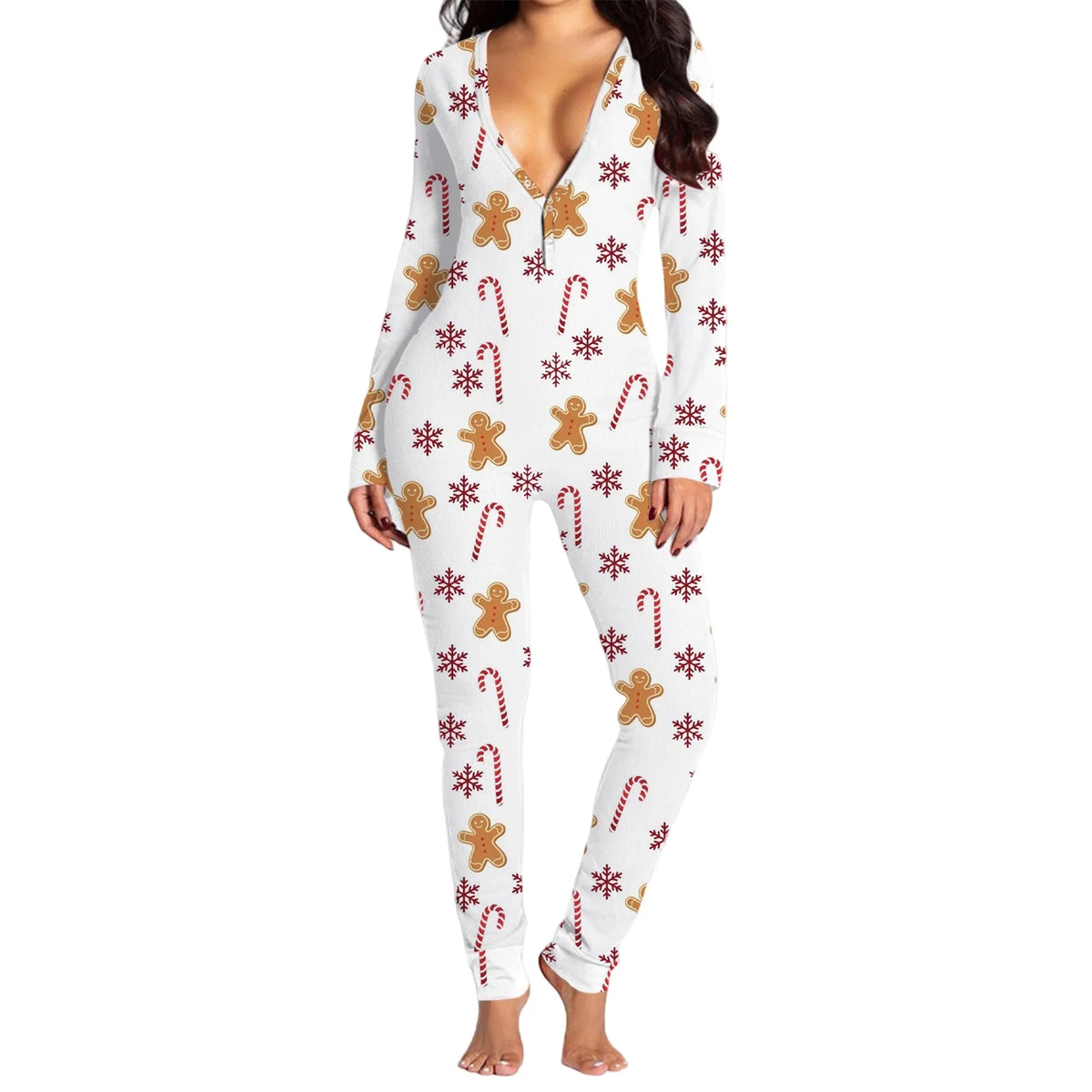 Women's Long Sleeve Christmas Jumpsuit Pajamas V Neck Christmas Themed Print Bodysuit Sleepwear with Drop Seat Butt Flap