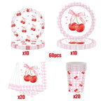 Sweet Cherry Party Disposable Tableware Pink Bow Gingham Plates Cups Napkins For Girl Happy Birthday Princess Baby Shower