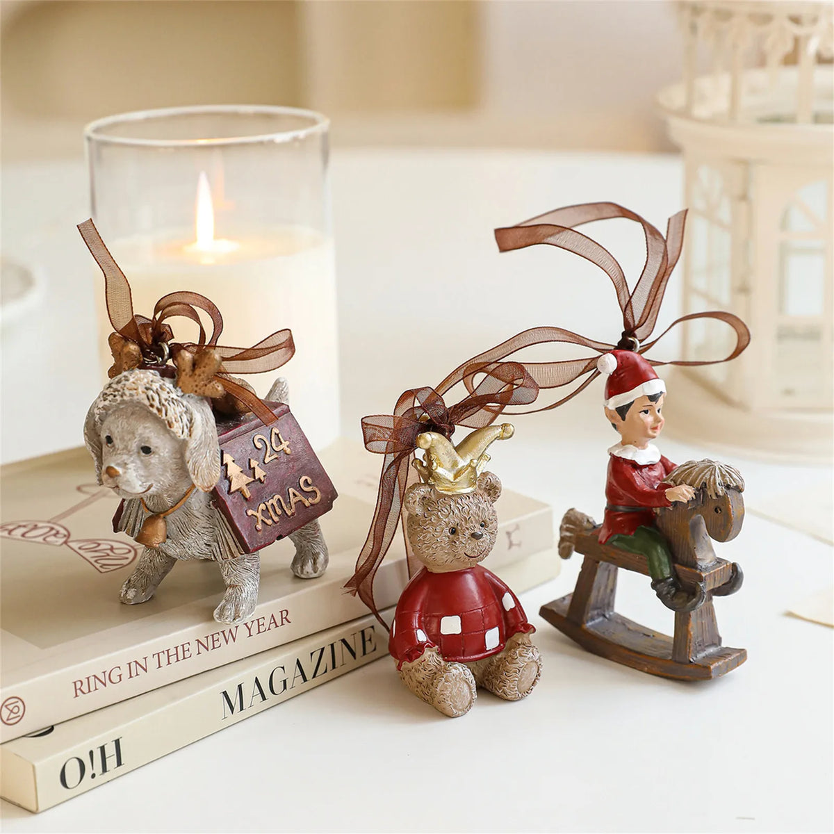 2026 Xmas Tree Pendant Cartoon Painted Santa Claus Elk Bear Christmas Stocking Resin Pendant Christmas Party Decorations 1pc