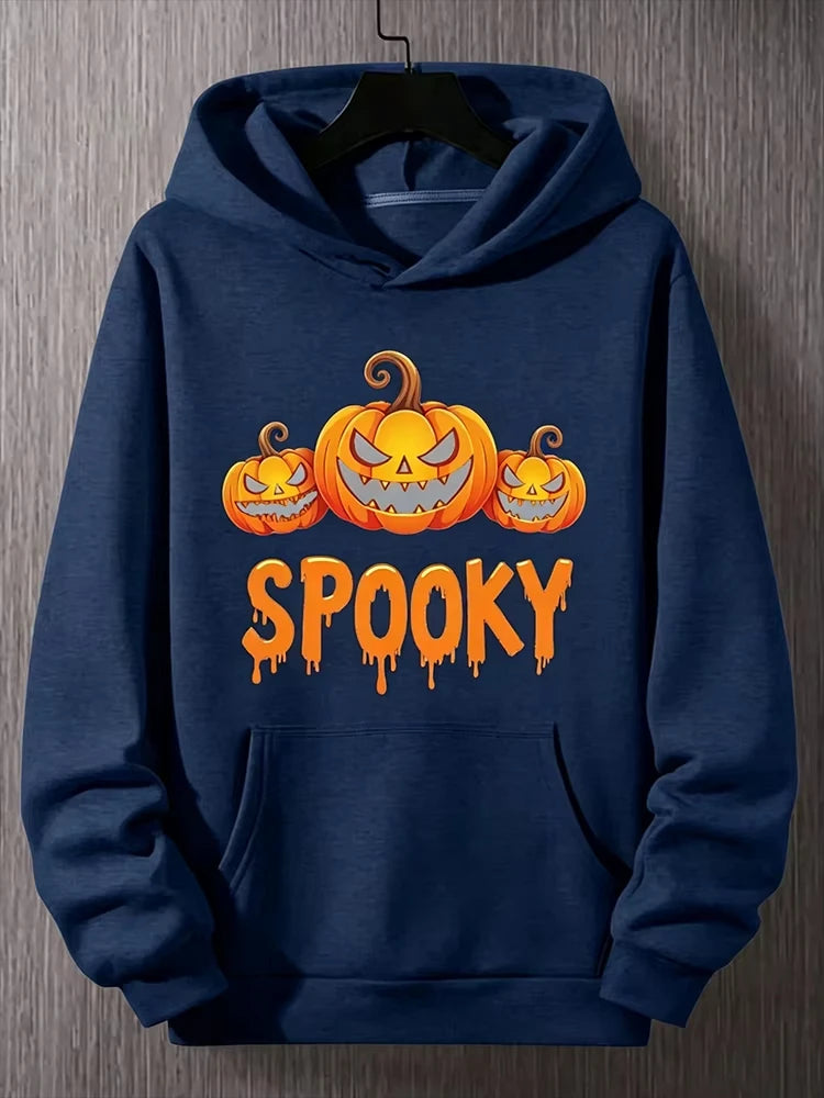 2026 Men Halloween Hoodie Spooky Pumpkin Graphic Print Pullover Hooded Sweatshirt Autumn Casual Long Sleeve Streetwear Tops