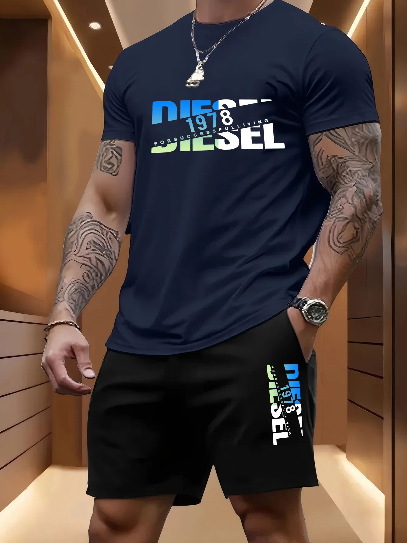 Summer men's casual two-piece set round-neck short-sleeved T-shirt and sports shorts for outdoor activities