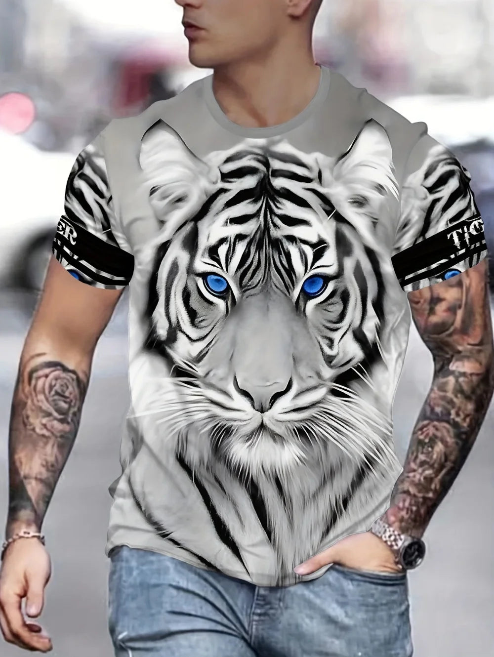 Men 3D Graphics Wolf Print T-Shirts Summer Oversized Causal Tees Fashion Tiger Pattern Fitness Short Sleeve O-Neck Tops Clothing