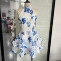 Chic Floral Printed Mini Dress Backless Sleeveless Hem Stacking Dresses Sweet A Line Vestidos 2025 New Lady Party Club Clothing