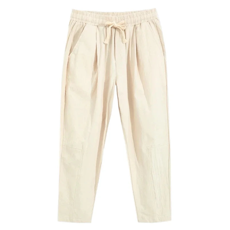 Mens Lightweight Cotton Pants Casual Solid Color Sweatpants Straight Drawstring Baggy Streetwear Breathable Ninth Pants