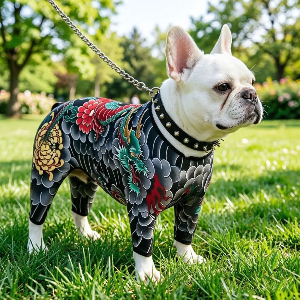 Cool Stylish Dog Tattoo Jumpsuit Flower Print 4?Legged Bodysuit Stretch Comfort Pet Clothes Full Body Cover Outfit For Dogs