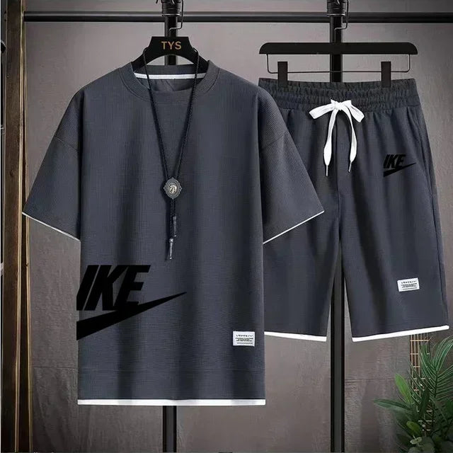 Hot selling summer men's casual short sleeved T-shirt shorts sports set outdoor breathable jogging shorts 2-piece set