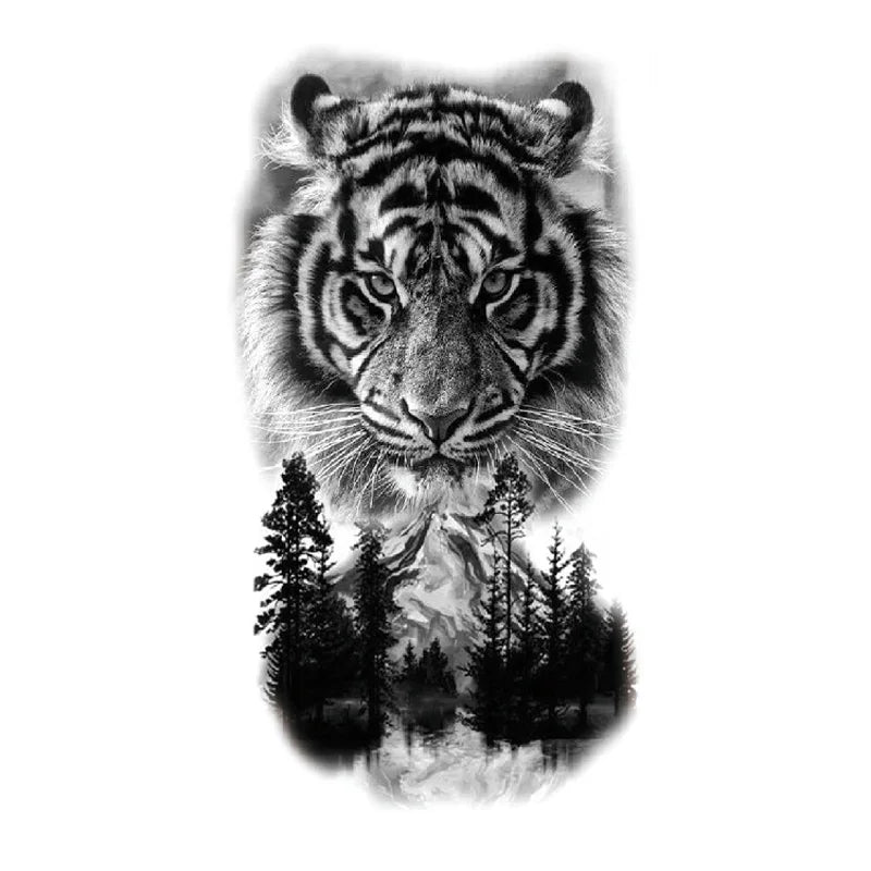 Waterproof Temporary Tattoo Sticker Forest Big Tiger Lion Wolf King Body Arm Hand Cool Art Black Animal Men Women Fake Tattoos