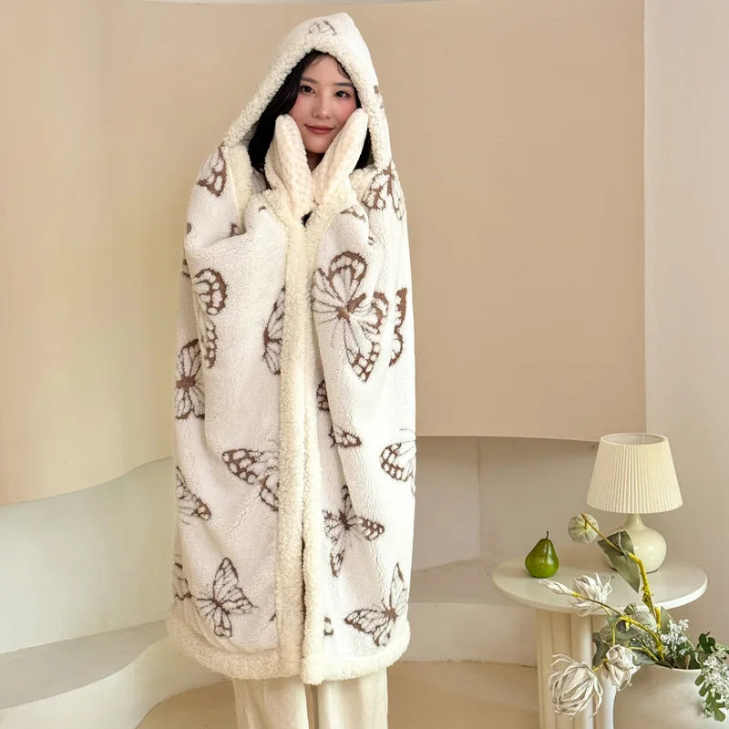 New Taffeta Fleece Hooded Blanket Warm Sherpa Lined Blankets with Giant Pocket Solid Color Skin-Friendly Office Nap Plush Cloak