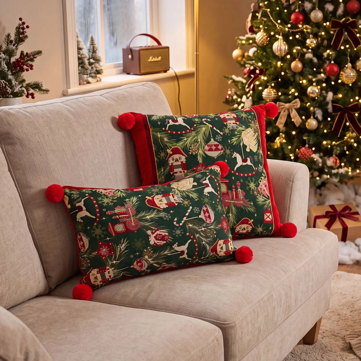 Christmas Red Jacquard Throw Pillow Cover Cartoon Elk Snowflake Christmas Pillowcase Plush Sofa Decor Cushion Covers 45x45cm