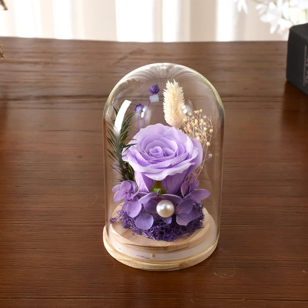 Little Artificial Rose Flowers Valentine's Day Flower Gift to Girlfriend Mother's Glass Dome Bell Jar at Valentine's Day Wedding