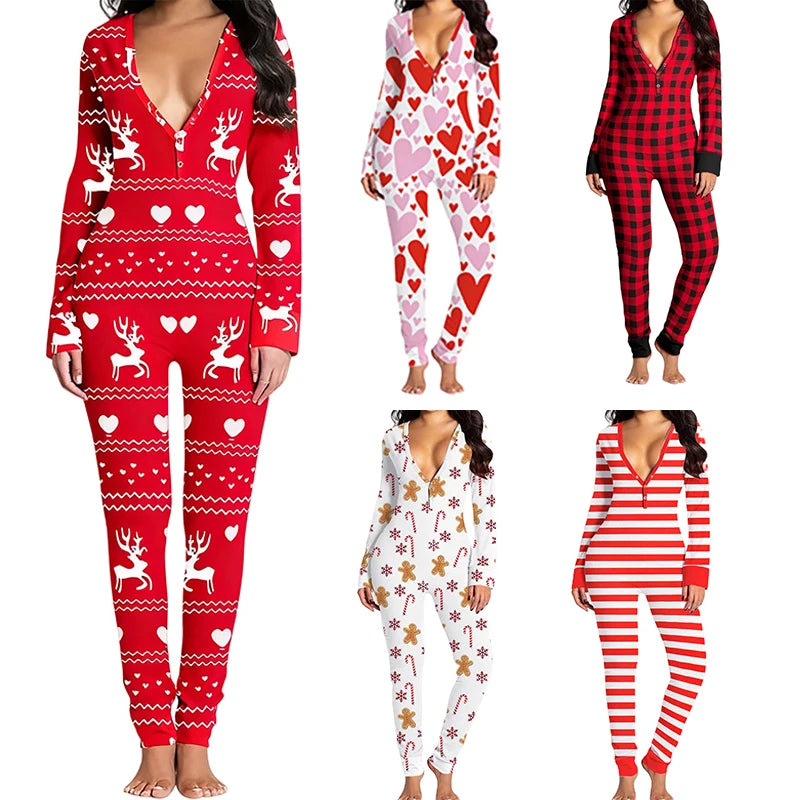 Women's Long Sleeve Christmas Jumpsuit Pajamas V Neck Christmas Themed Print Bodysuit Sleepwear with Drop Seat Butt Flap