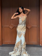 Women's Leopard Print Long Maxi Dress Halter Neck Plunge Front Tiered Ruffle Mermaid Skirt Elegant Party Cocktail Daily Gowns