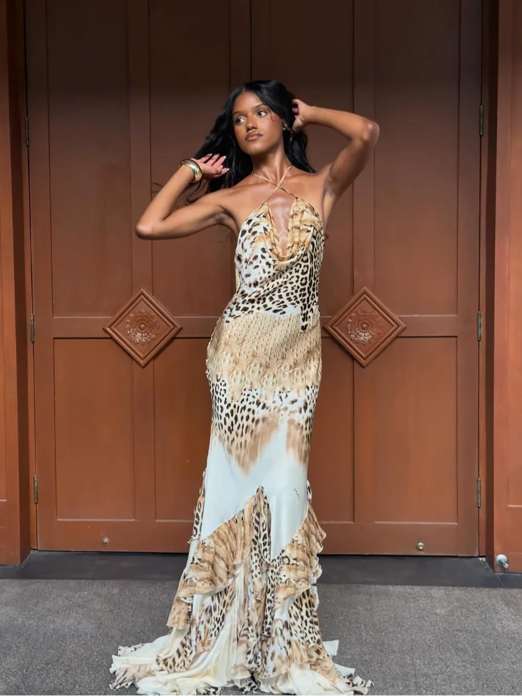 Women's Leopard Print Long Maxi Dress Halter Neck Plunge Front Tiered Ruffle Mermaid Skirt Elegant Party Cocktail Daily Gowns